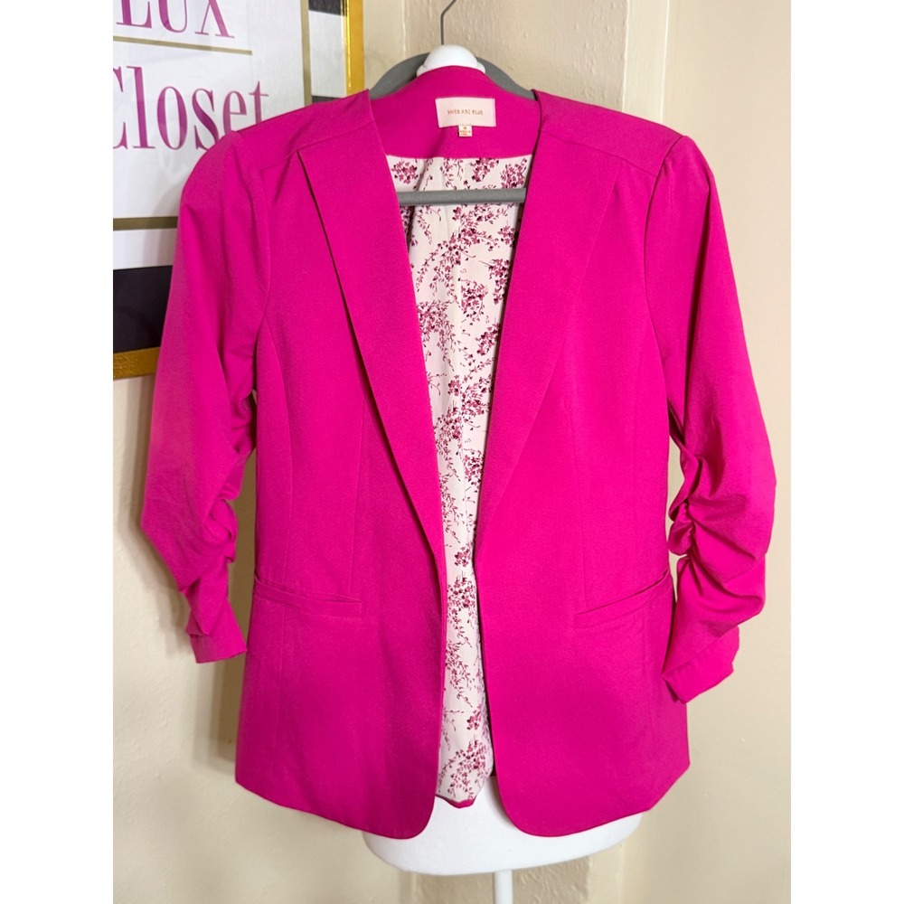 Skies Are Blue Hot Pink Ruched Sleeve Blazer Open Front Floral Lining Medium